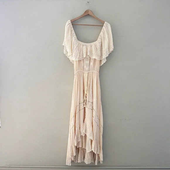 Free People Tambourine Off Shoulder Maxi Dress Large Blush Pink Boho Ethereal - Picture 5 of 15